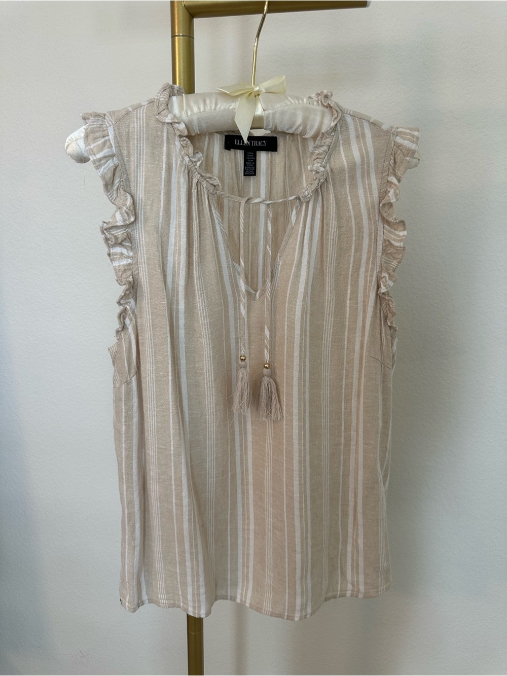 Beige Stripe Linen Blend Ruffle Tank with Tassel Tie